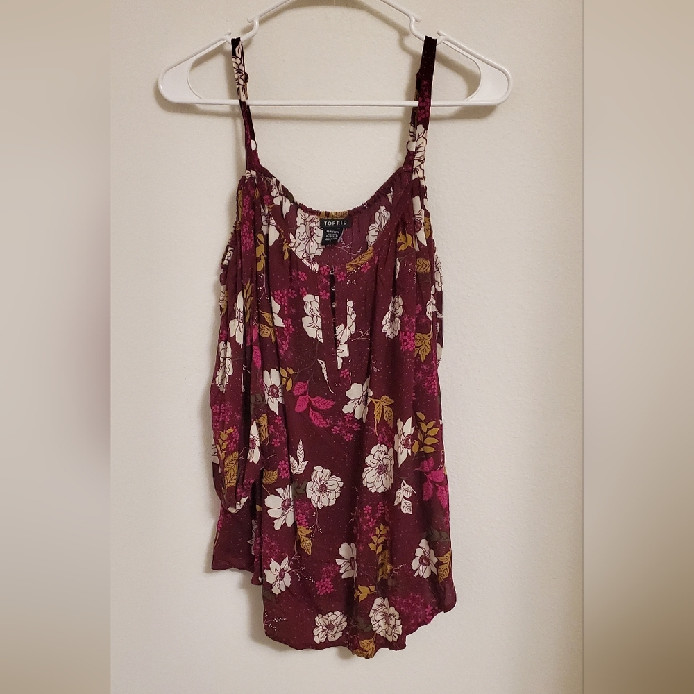 Torrid Size 1 Could Shoulder Floral Burgundy Women's Top Boho Festival Spring